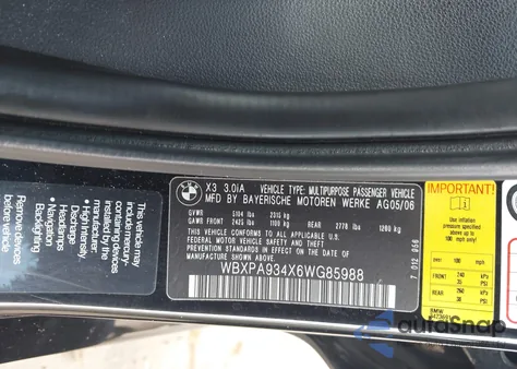 2006 BMW X3 3.0I z USA, uszkodzony, nr VIN WBXPA934X6WG85988